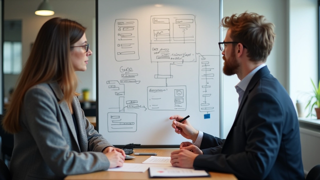 Büroumgebung mit Design-Team bei der Navigation-Planung, Whiteboards mit Sitemap-Skizzen, digitale Werkzeuge, helle moderne Agentur